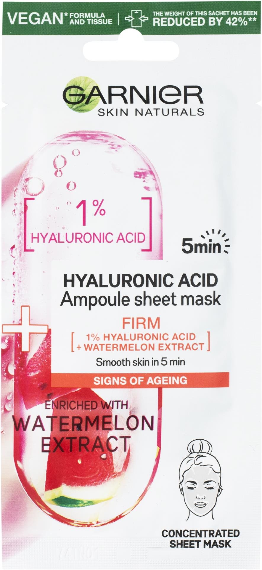 Arcpakolás GARNIER Skin Naturals Ampoule Sheet Mask Hyaluronic Acid and Watermelon Extract 15 g