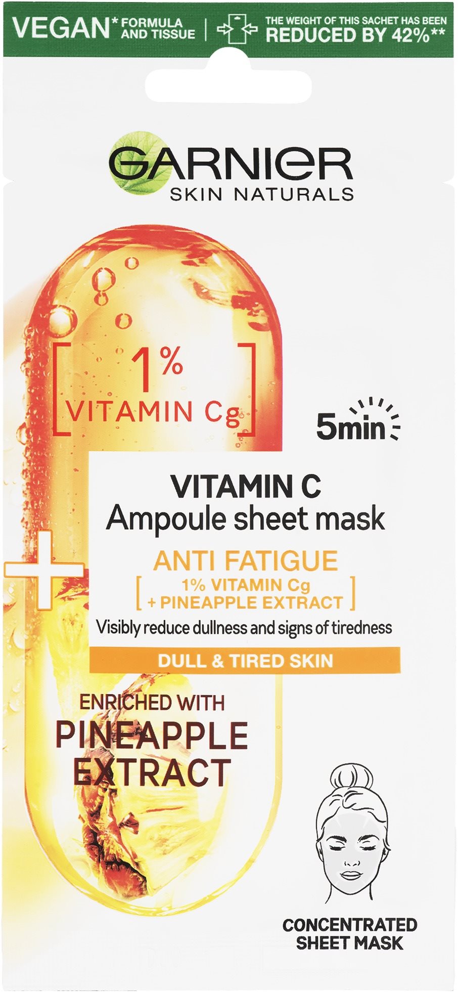 Arcpakolás GARNIER Skin Naturals Ampoule Sheet Mask Vitamin C and Pineapple Extract 15 g