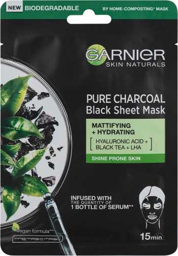 Arcpakolás Garnet Skin Naturals Tiszta Faszén Fekete Tissue Maszk fekete tea kivonattal 28 g