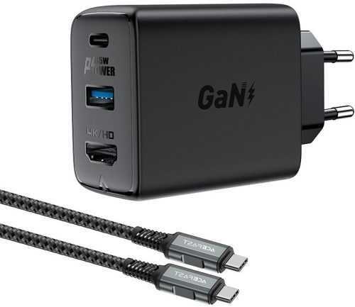 Hálózati adapter ACEFAST GaN Charger 65W USB-C + USB-A + HDMI HUB + USB-C Cable Black