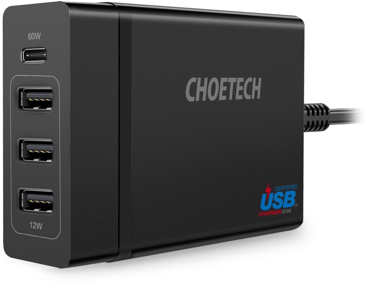 Hálózati adapter ChoeTech Multi-Charge USB-C PD 60W + 3x USB-A töltőállomás