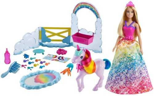 Játékbaba Barbie hercegnő és szivárványos egyszarvú játékkészlet