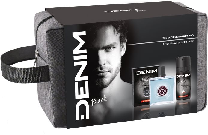 Kozmetikai ajándékcsomag DENIM BLACK Borotválkozás utáni arcvíz 100 ml + Deo spray 150 ml + Kozmetikai táska