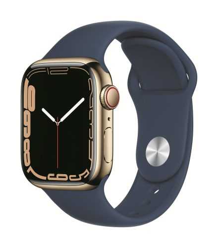 Okosóra Apple Watch Series 7 41 mm Cellular Aranyszínű rozsdamentes acél mély indigókék sportszíjjal
