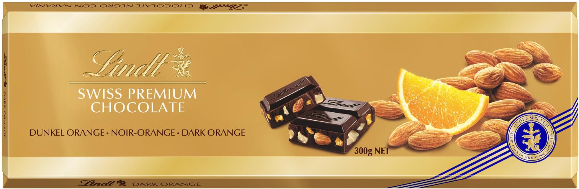 Csokoládé LINDT Dark Orange Almonds Gold 300 g