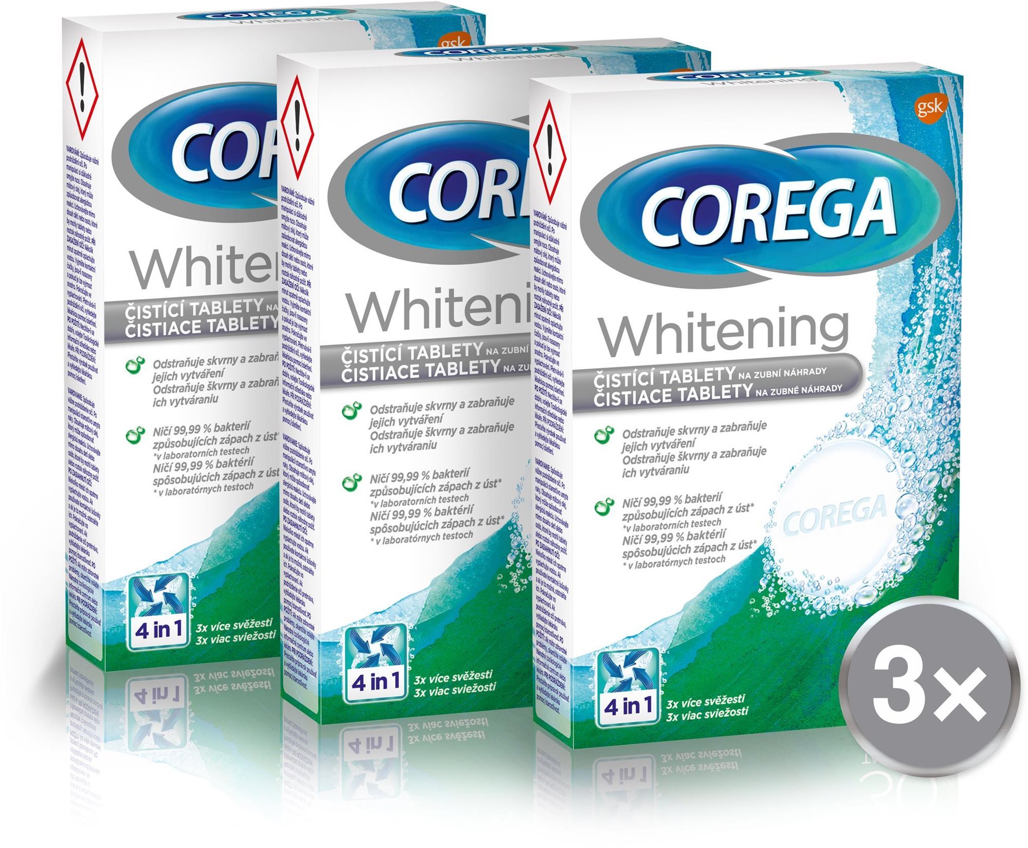 Műfogsortisztító tabletta COREGA Whitening Pro műfogsortisztító 3 × 30 darab