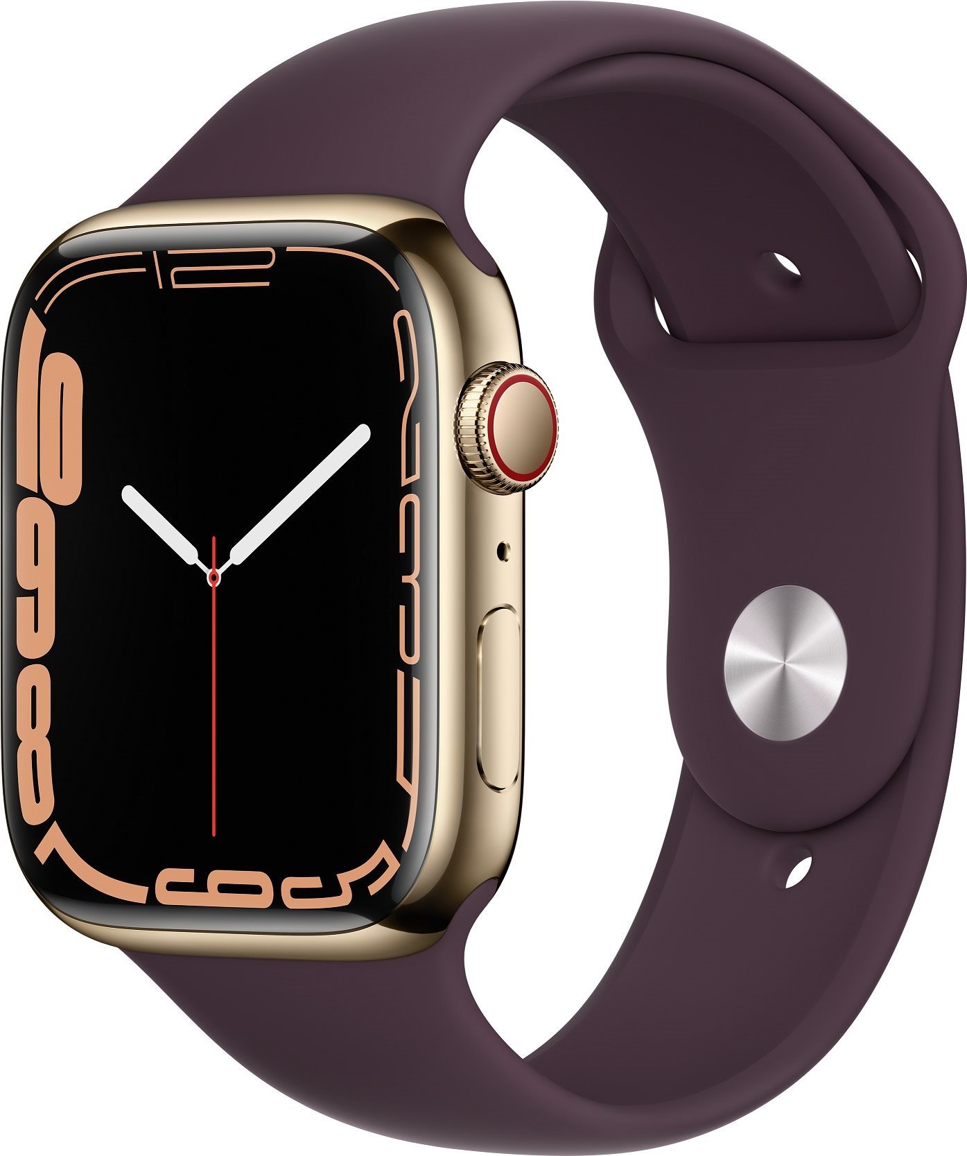 Okosóra Apple Watch Series 7 45mm Cellular Aranyszínű rozsdamentes acél sötét meggypiros sportszíjjal