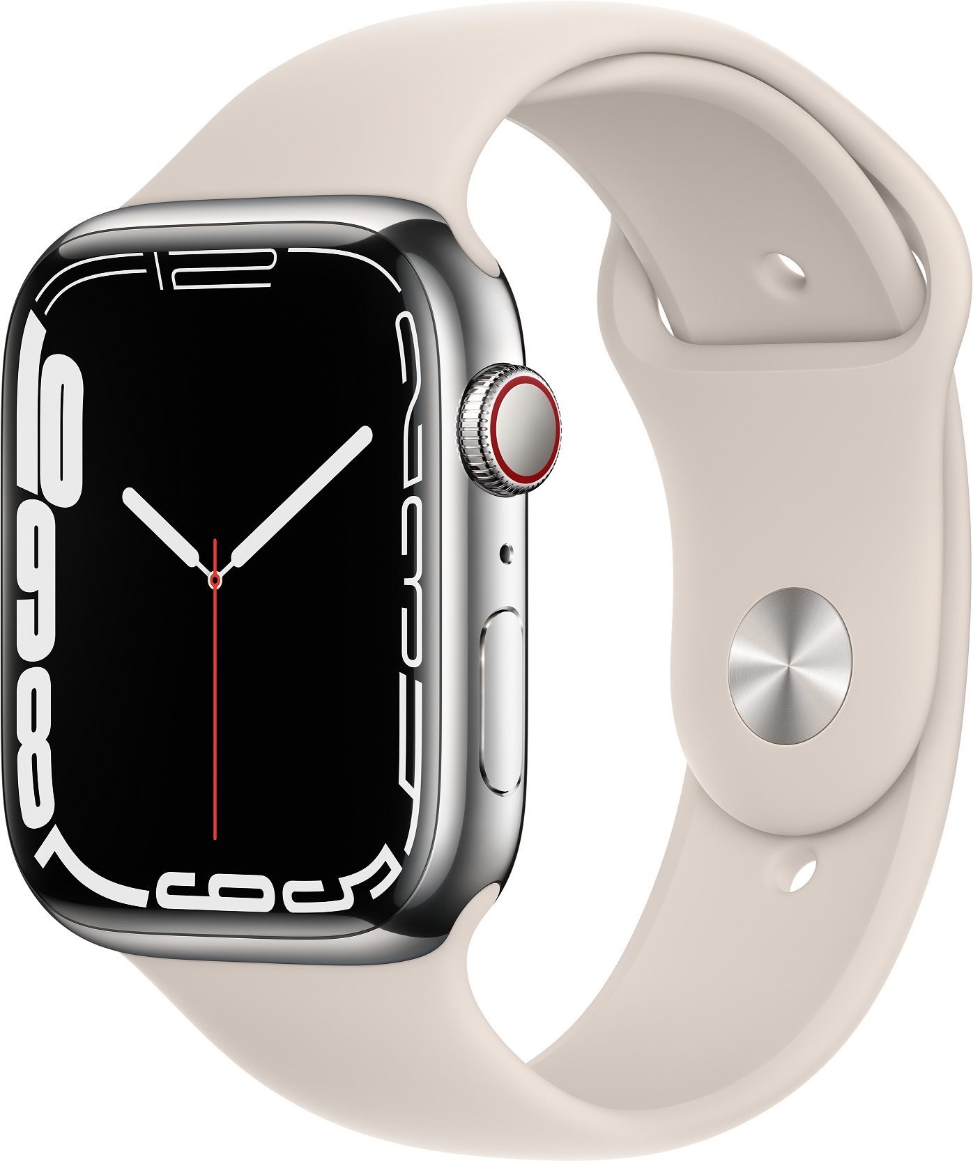 Okosóra Apple Watch Series 7 45mm Cellular Ezüstszínű rozsdamentes acél csillagfény sportszíjjal