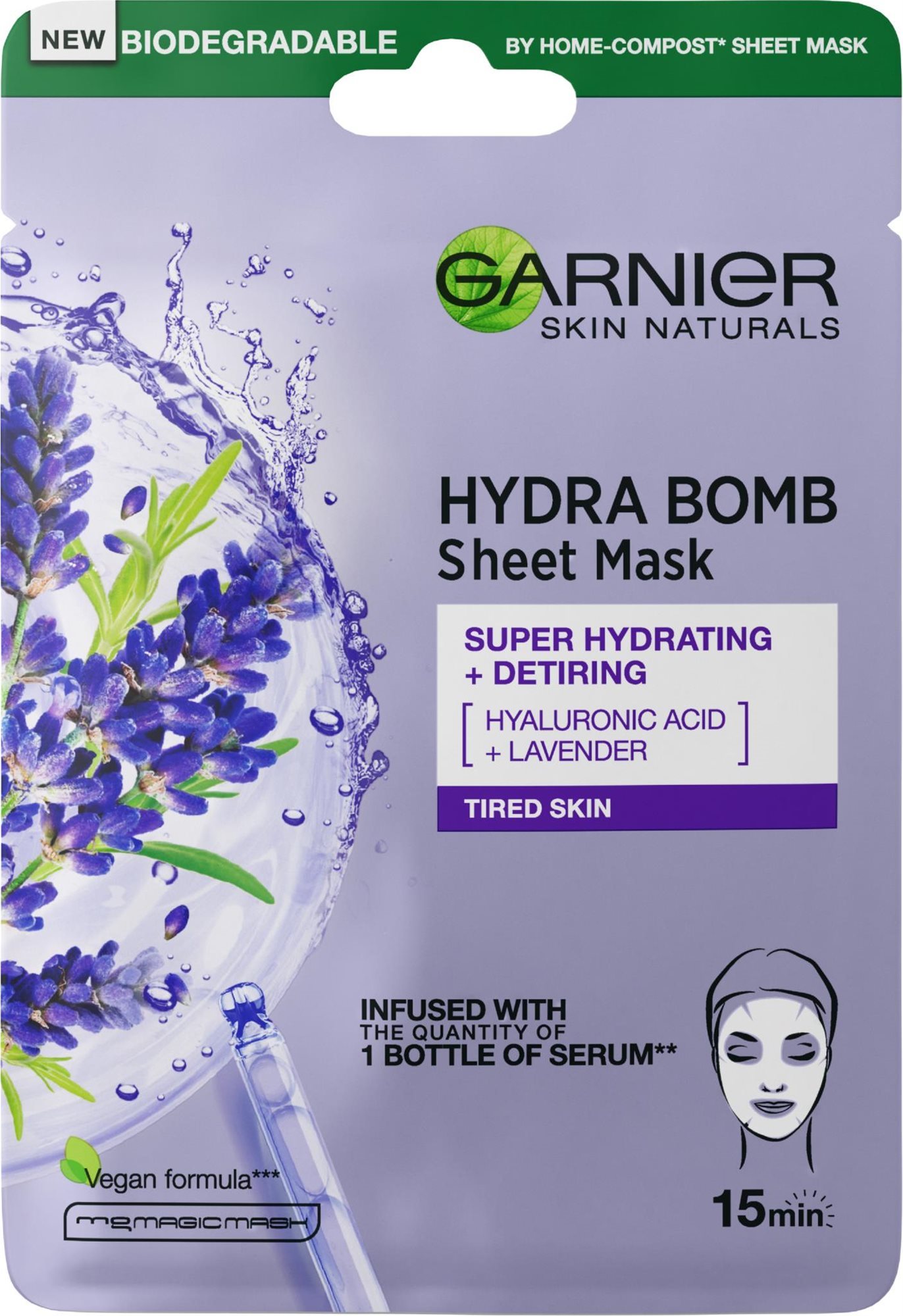 Arcpakolás GARNIER Skin Naturals Hydra Bomb Tissue Mask Extract of Lavender 28 g