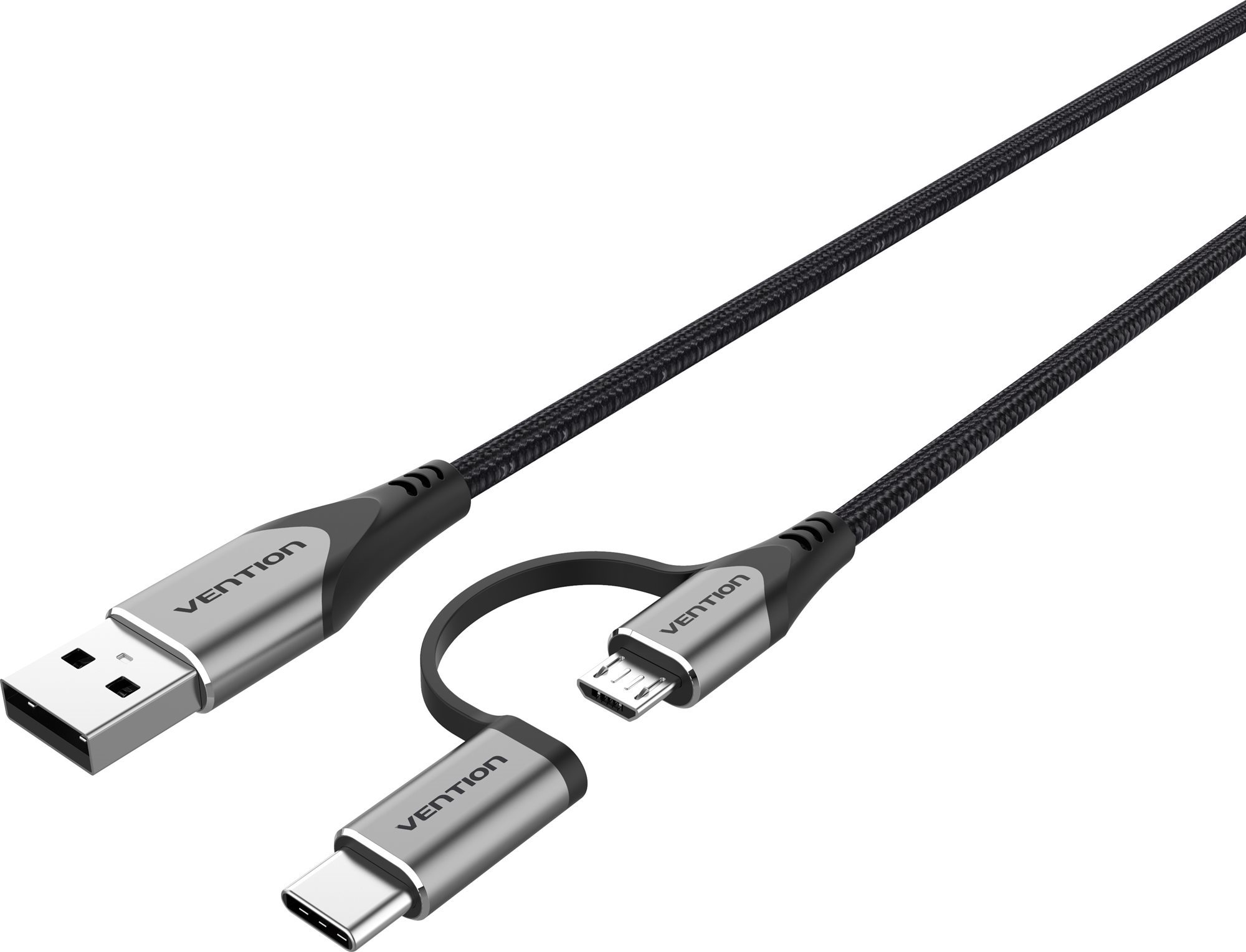 Adatkábel Vention USB 2.0 to 2-in-1 Micro USB & USB-C Cable 0.5m Gray Aluminum Alloy Type