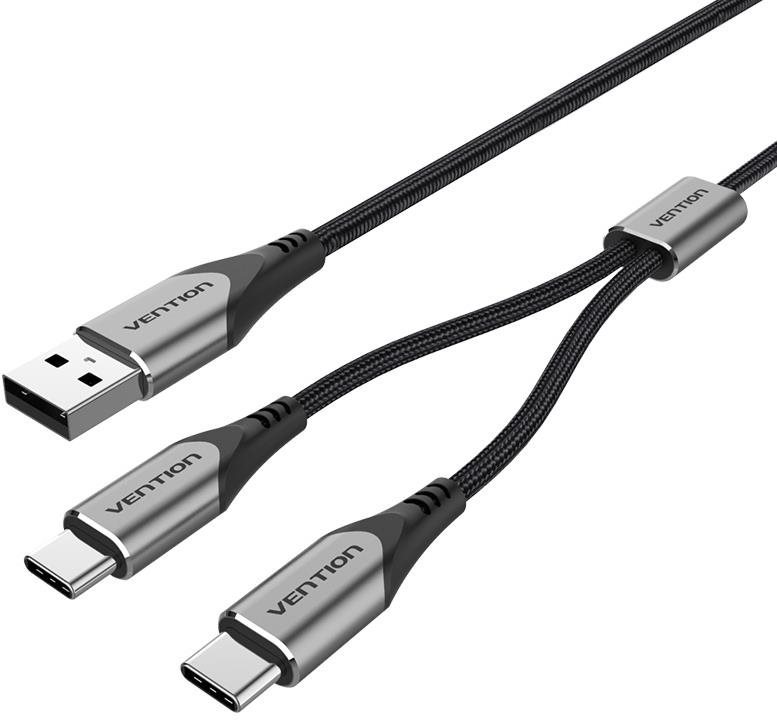 Adatkábel Vention USB 2.0 to Dual USB-C Y-Splitter Cable 0.5m Gray Aluminum Alloy Type