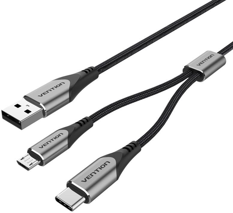 Adatkábel Vention USB 2.0 to USB-C & Micro USB Y-Splitter Cable 0.5M Gray Aluminum Alloy Type