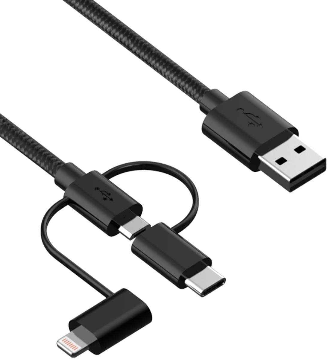 Adatkábel iWill 3in1 Nylon Data USB-C + Micro USB + Lightning Cable Black