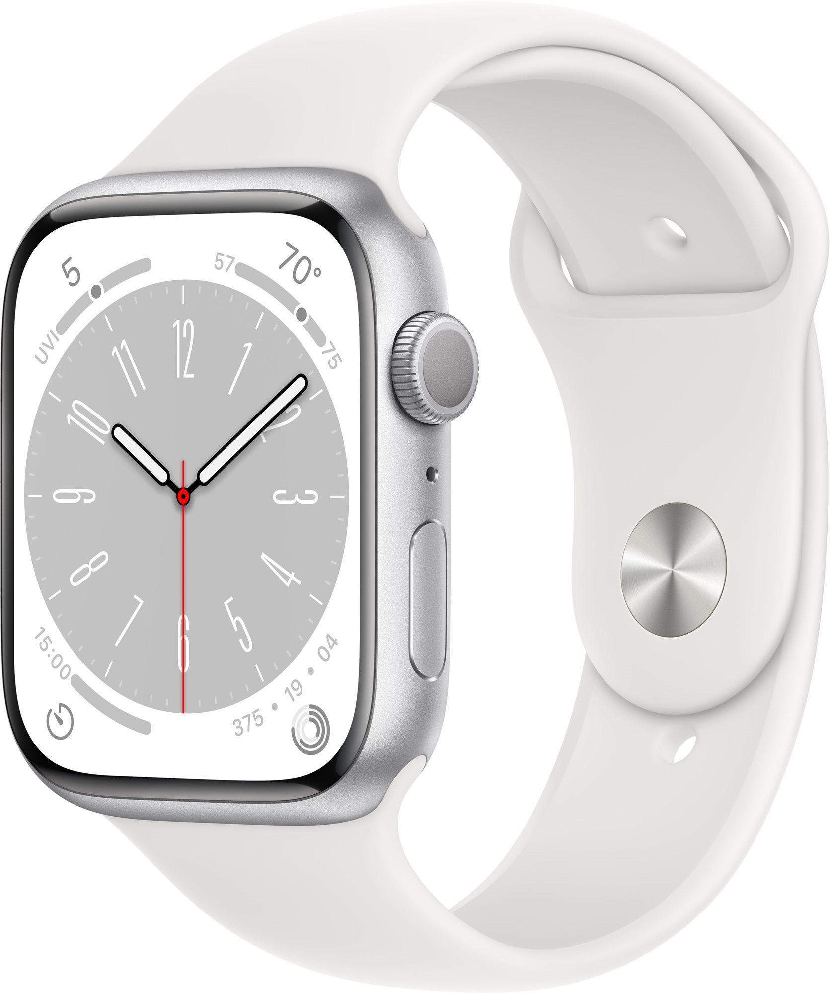 Okosóra Apple Watch Series 8 45mm Ezüst alumínium fehér sportszíjjal