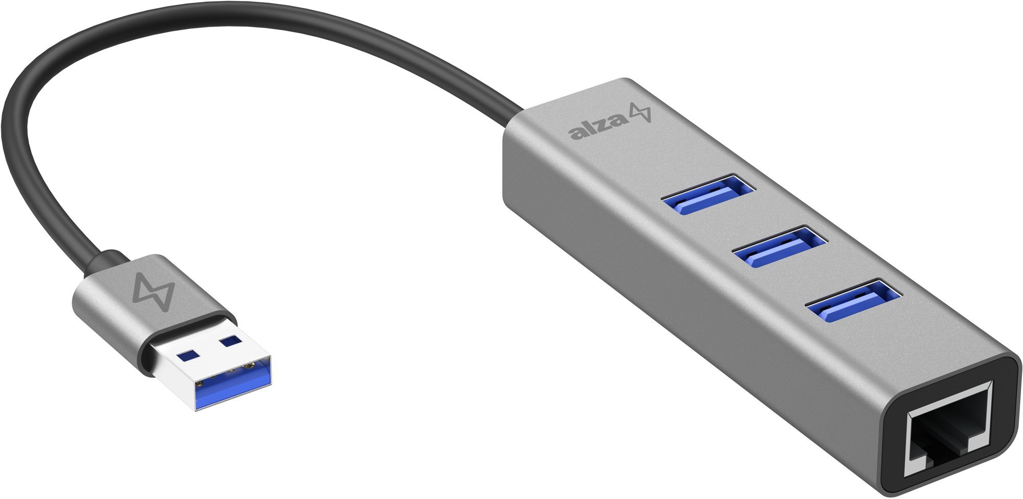 USB Hub AlzaPower AluCore USB-A (M) - 3× USB-A (F) LAN-nal asztroszürke