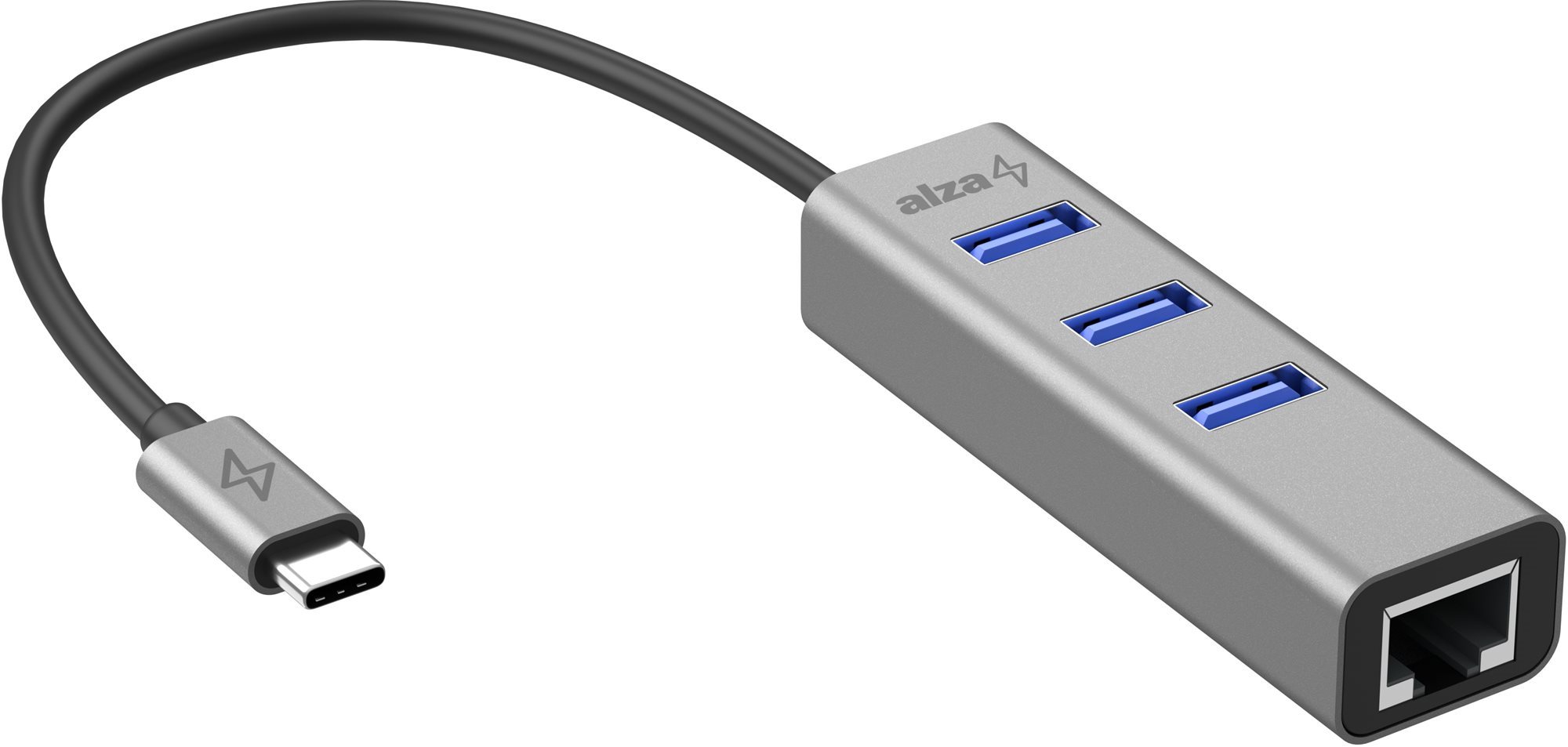 USB Hub AlzaPower AluCore USB-C (M) - 3× USB-A (F) LAN-nal asztroszürke