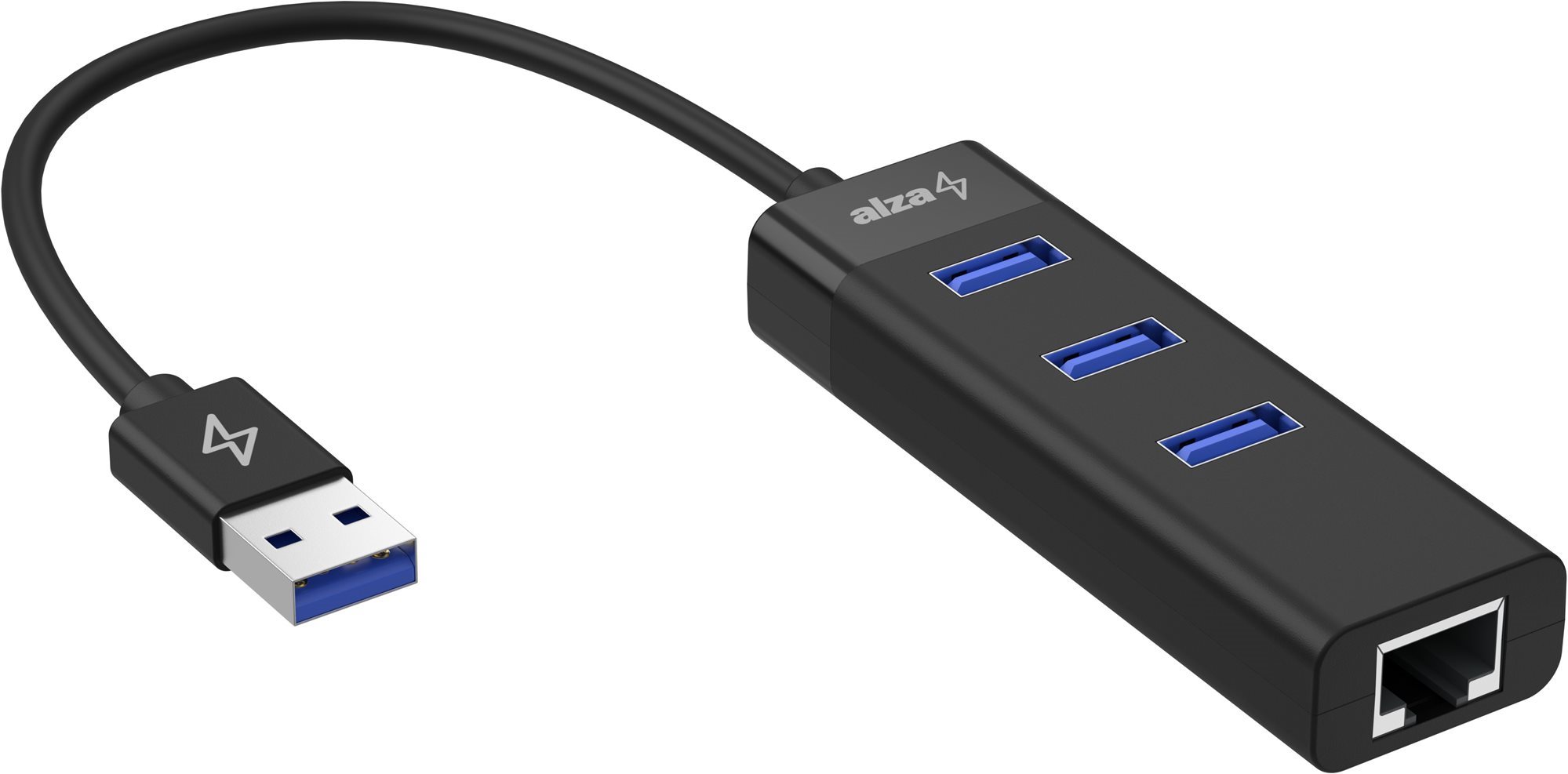USB Hub AlzaPower Core USB-A (M) - 3× USB-A (F) LAN-nal fekete