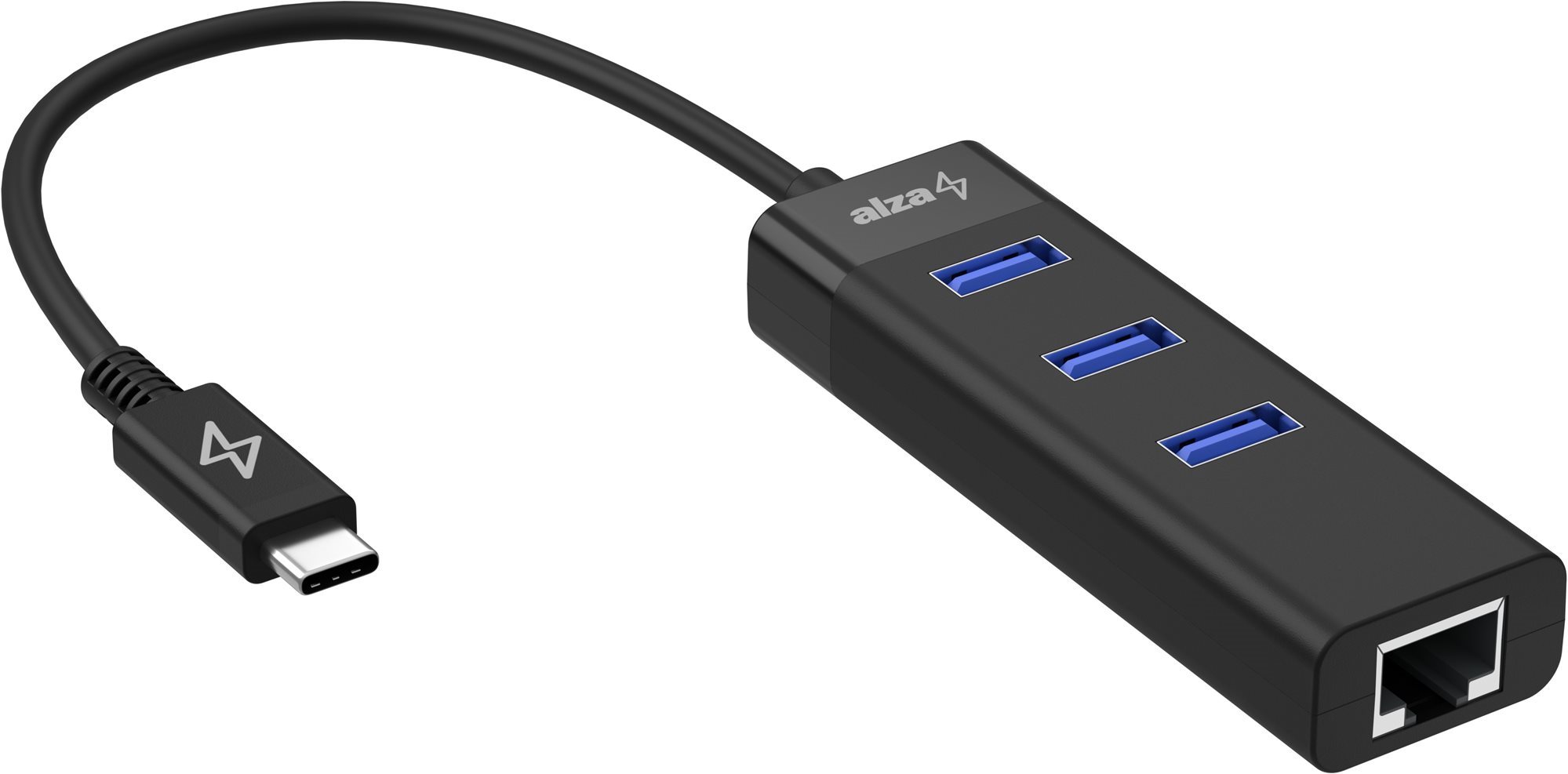 USB Hub AlzaPower Core USB-C (M) - 3× USB-A (F) LAN-nal fekete