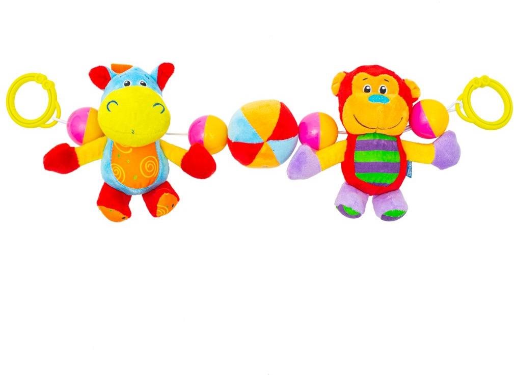 Babajáték BABY MIX Plüss csörgő gyerekeknek babakocsiba Víziló és majom