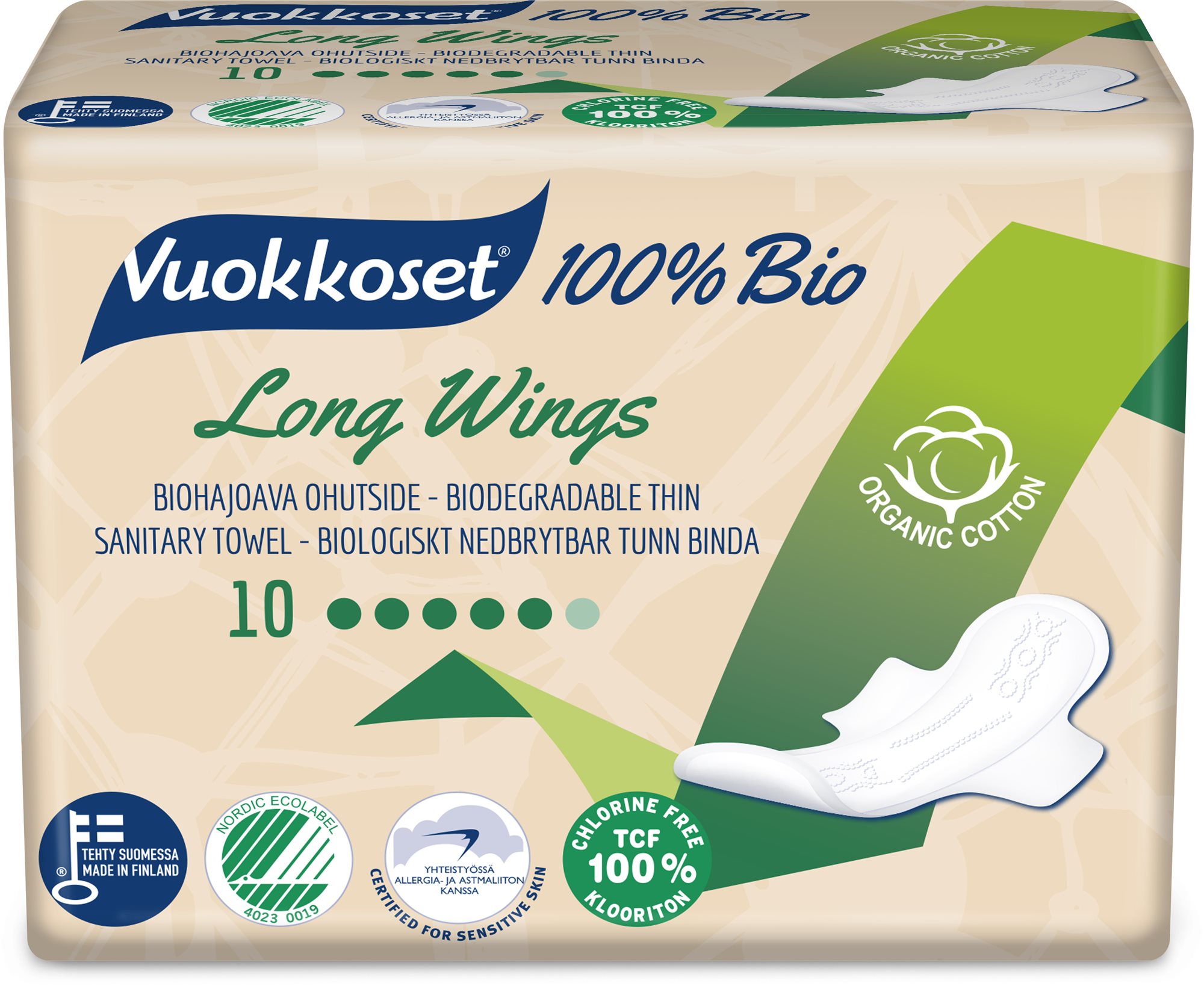 Egészségügyi betét VUOKKOSET 100% BIO Long Wings thin 10 db