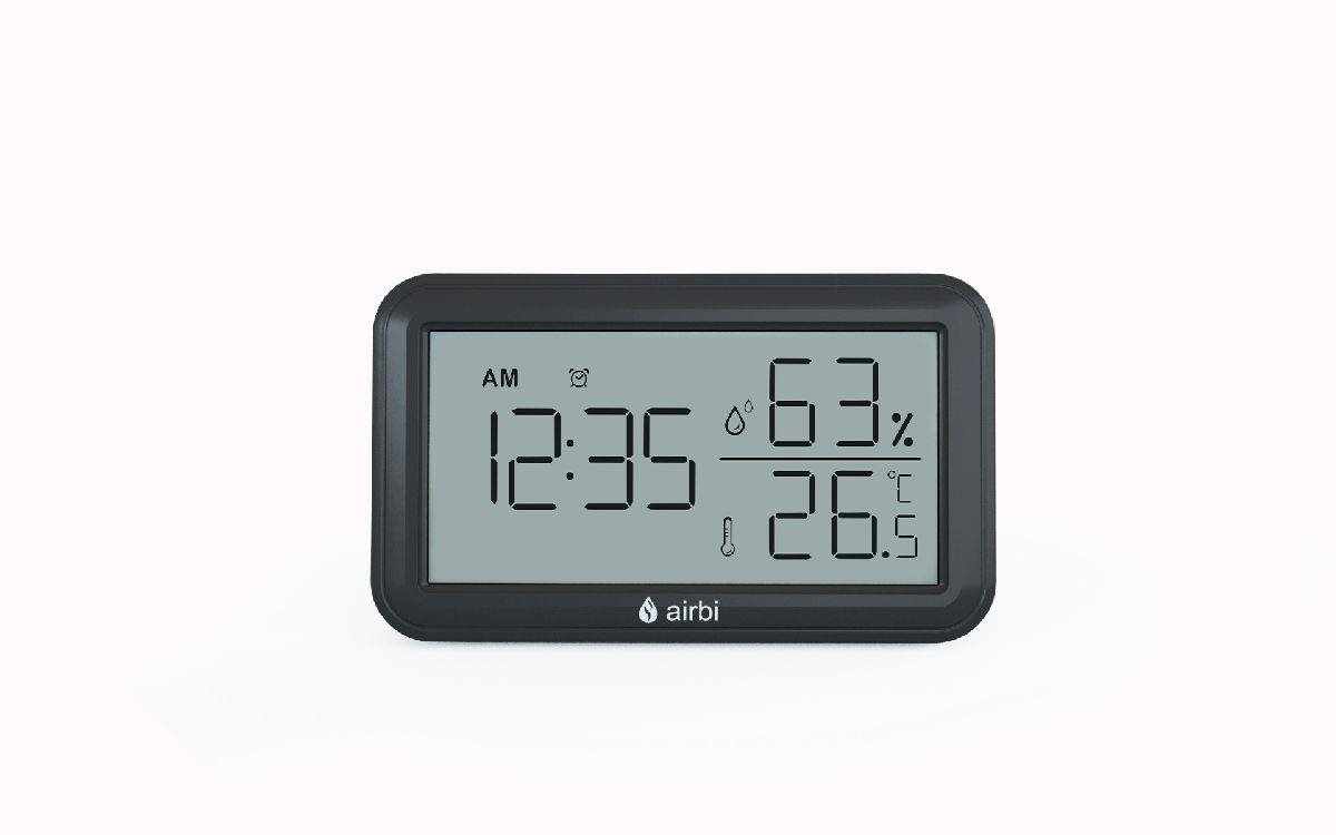 Digitális hőmérő Airbi LINE - Szobahőmérő és páratartalom-mérő órával - fekete