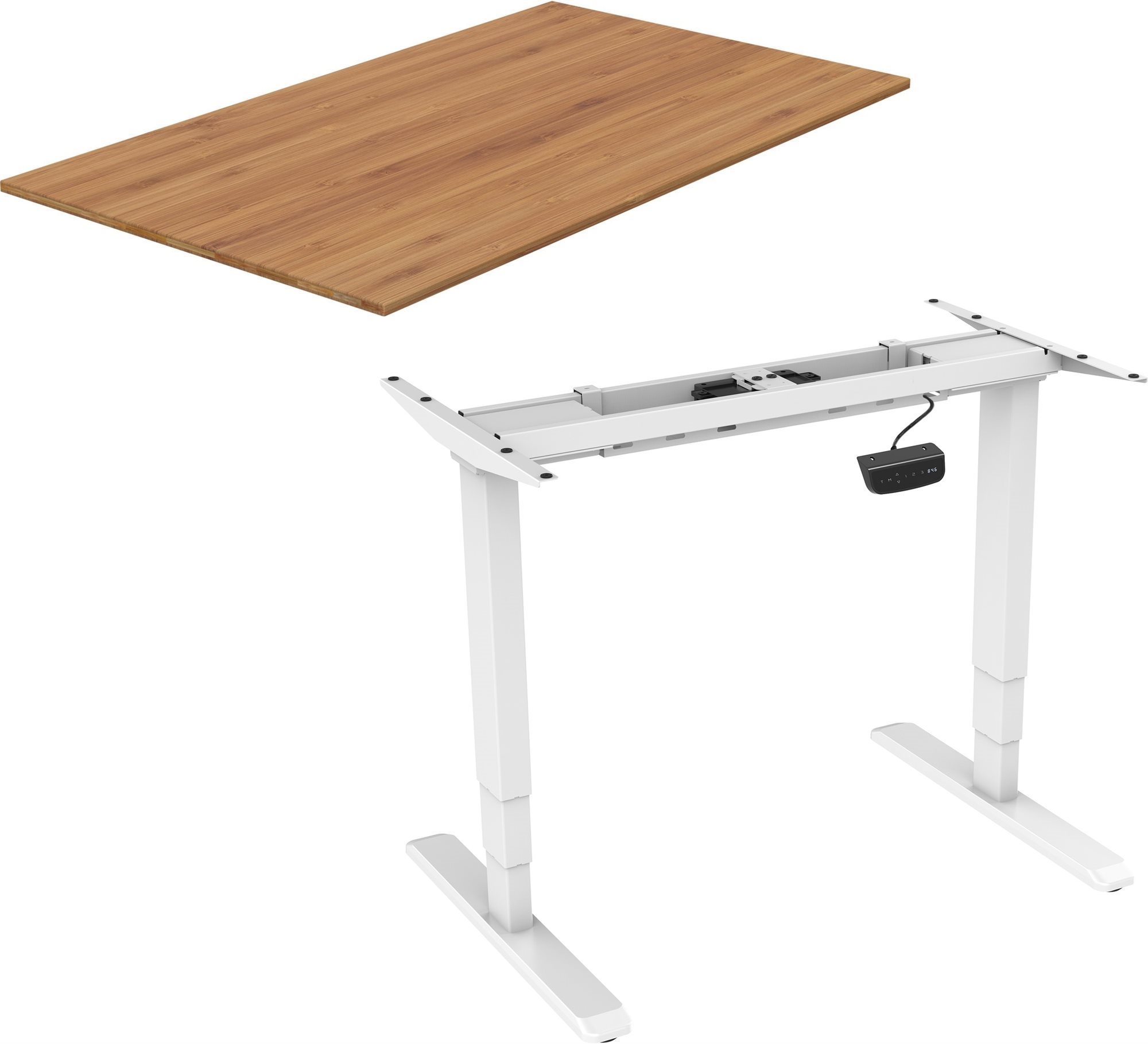Állítható magasságú asztal AlzaErgo Table ET1 NewGen fehér + TTE-01 140x80cm bambusz asztallap
