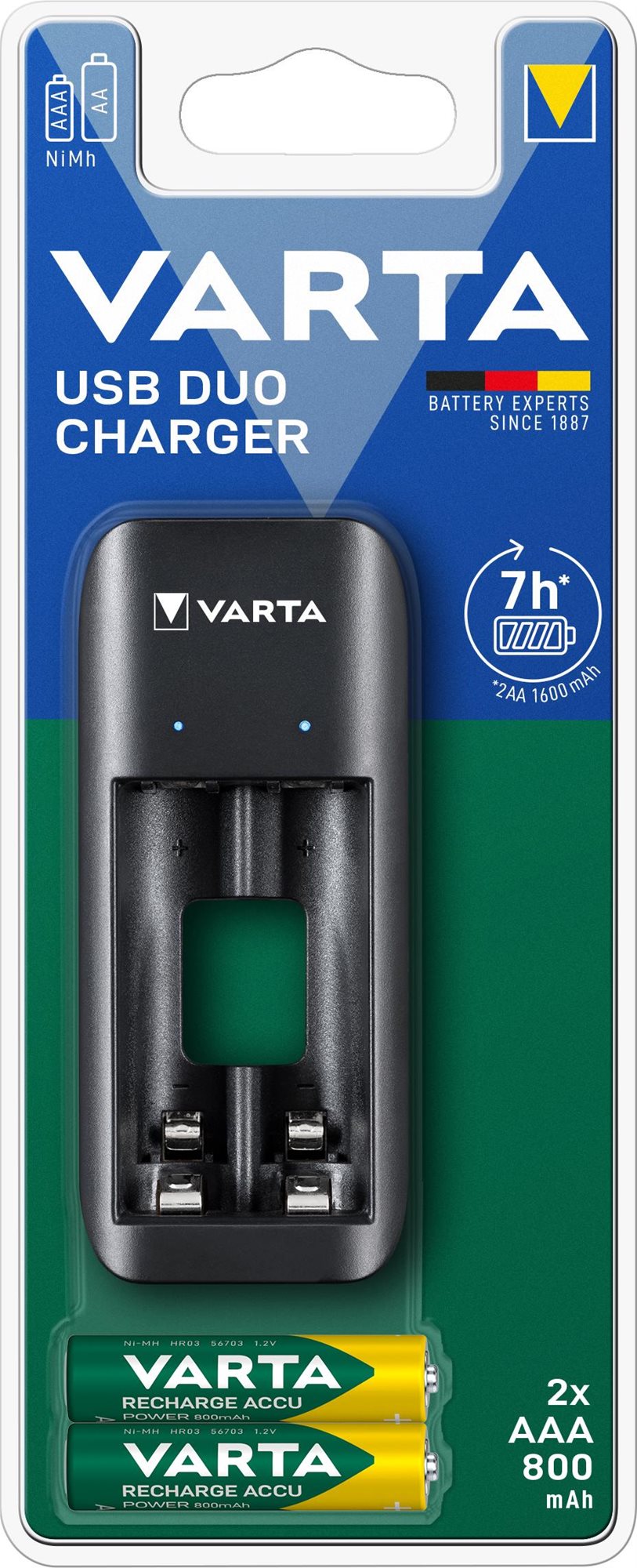 Töltő és pótakkumulátor VARTA Duo USB Charger Töltő + 2 AAA 800 mAh R2U