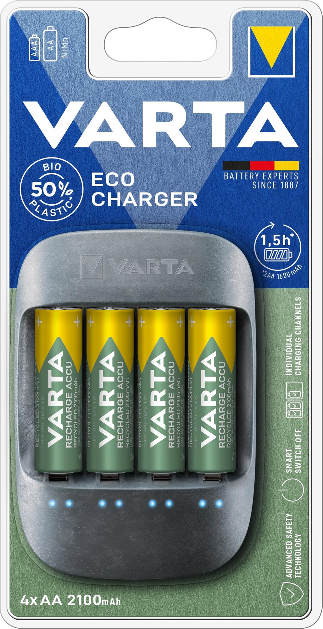 Töltő és pótakkumulátor VARTA Eco Charger Töltő + 4 AA 2100 mAh Reycled R2U