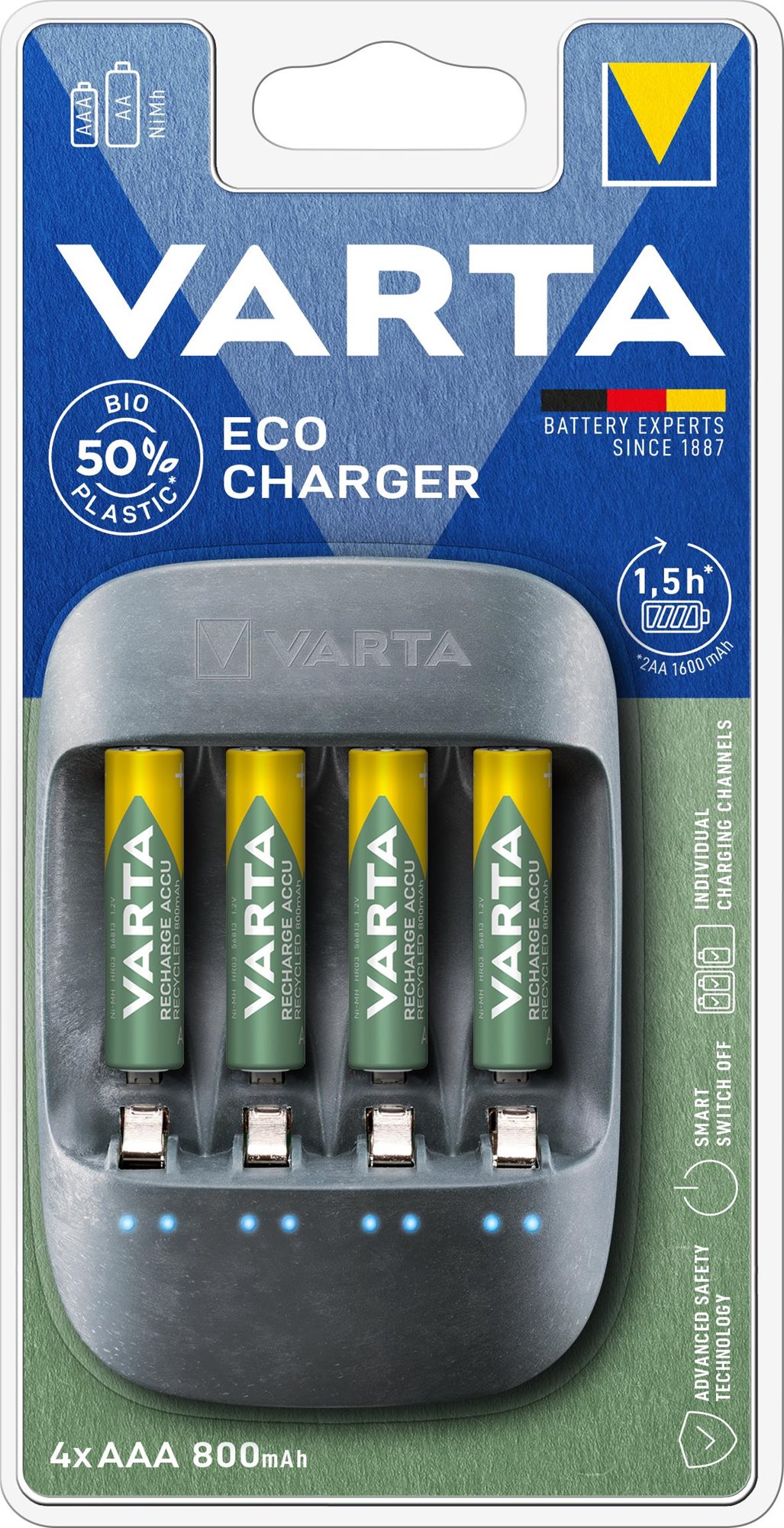 Töltő és pótakkumulátor VARTA Eco Charger Töltő + 4 AAA 800 mAh Reycled R2U