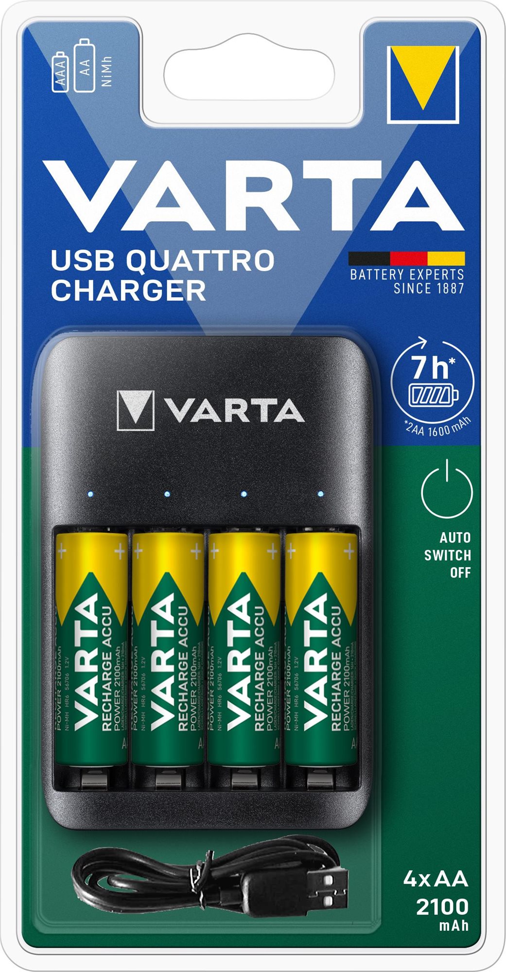 Töltő és pótakkumulátor VARTA Quattro USB Charger Töltő + 4 AA 2100 mAh R2U